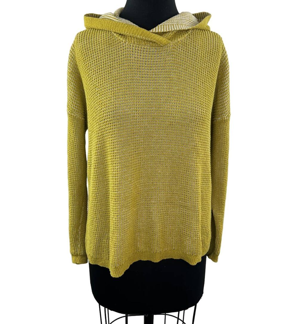 EILEEN FISHER Green Long Sleeve Cotton Silk Blend Hooded Pullover Sweater Size S